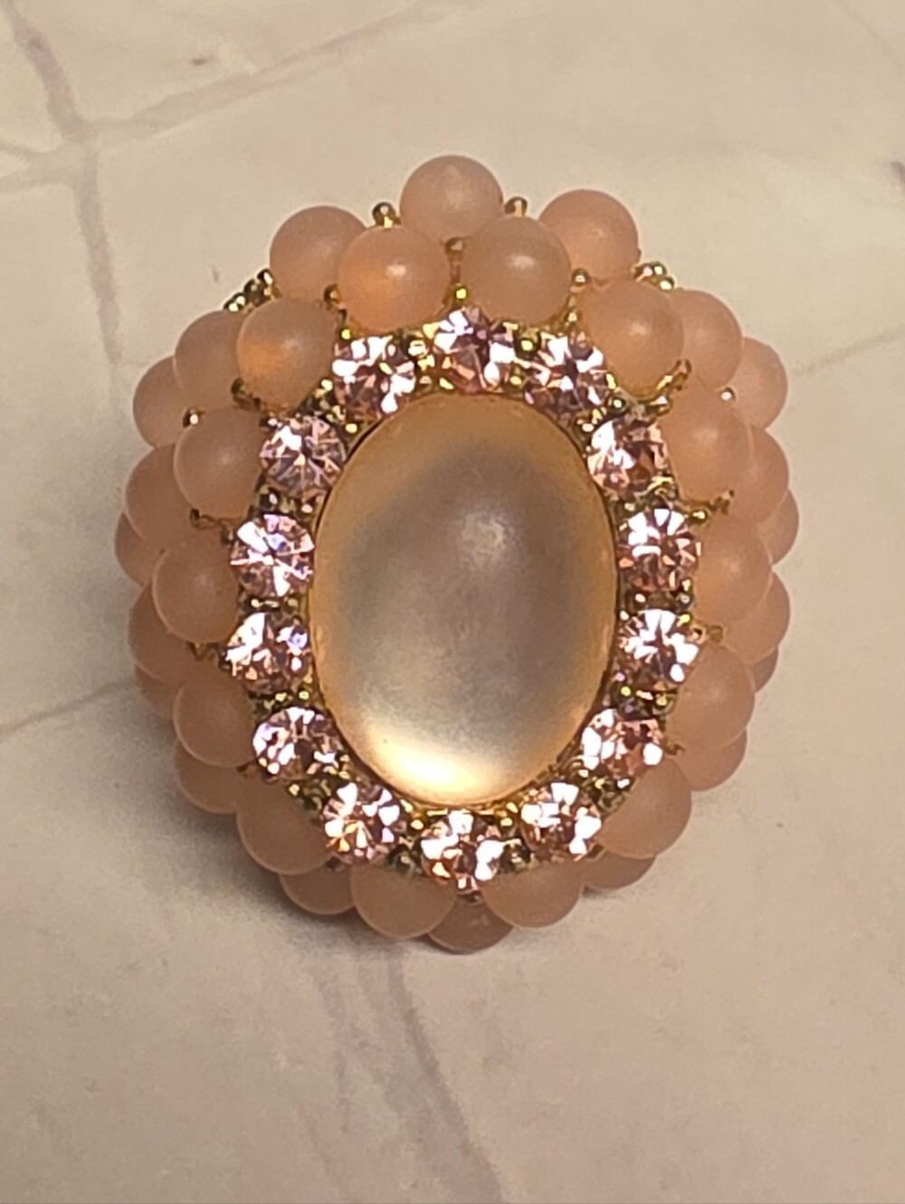 Pink Cabochon Beaded Rhinestone Gold Tone Stretch Cocktail Ring